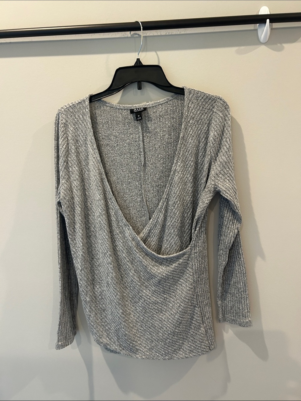 a.n.a Light Gray Ribbed Wrap-Front Long Sleeve Top